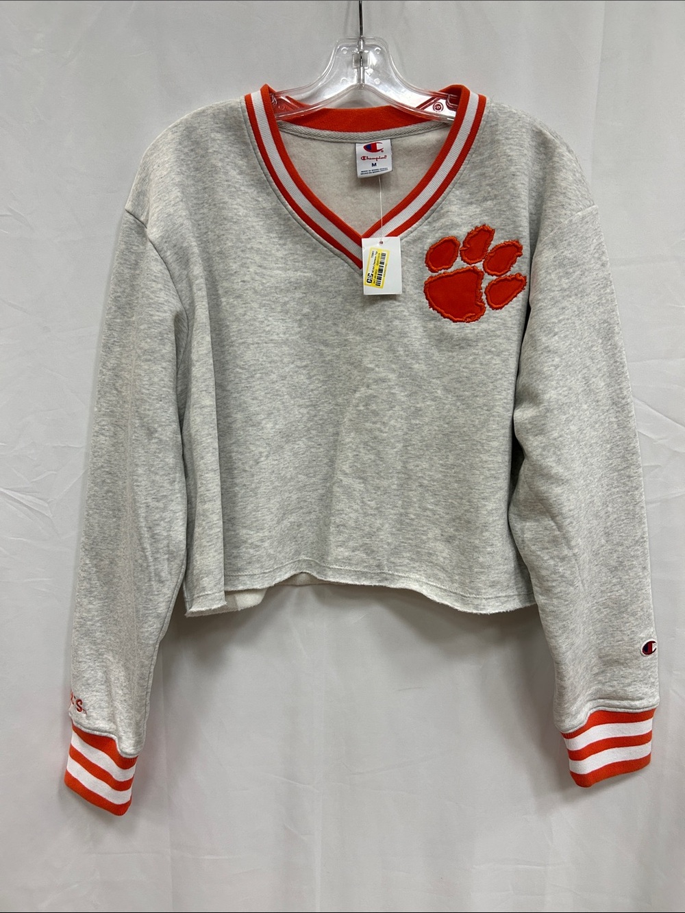 Champion NCAA Clemson Tigers - 🐯 Light Gray Cropped V‑Neck Cropped Sweater
